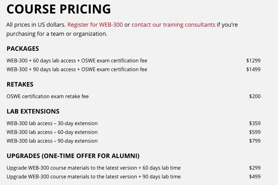 OSWE pricing as of 8th February 2021.